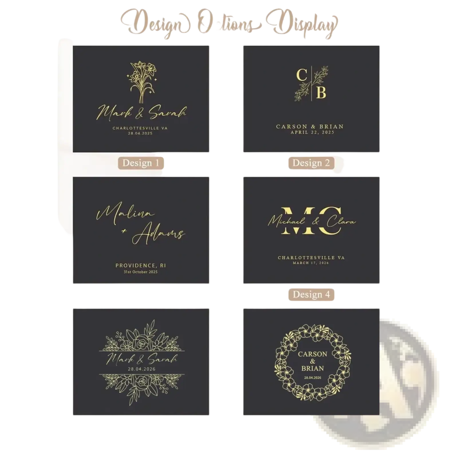 Six elegant black wedding invitations with gold foil lettering and floral or monogram motifs for personalized keepsakes