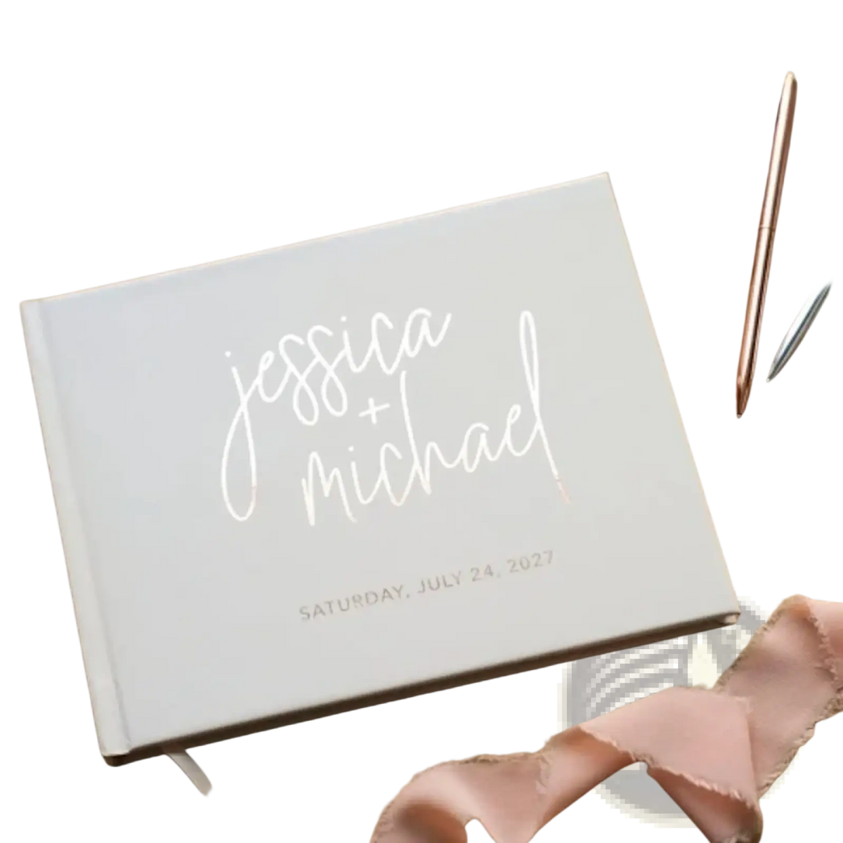 Custom wedding guest book with personalized gold foil lettering on white hardcover for elegant keepsake use