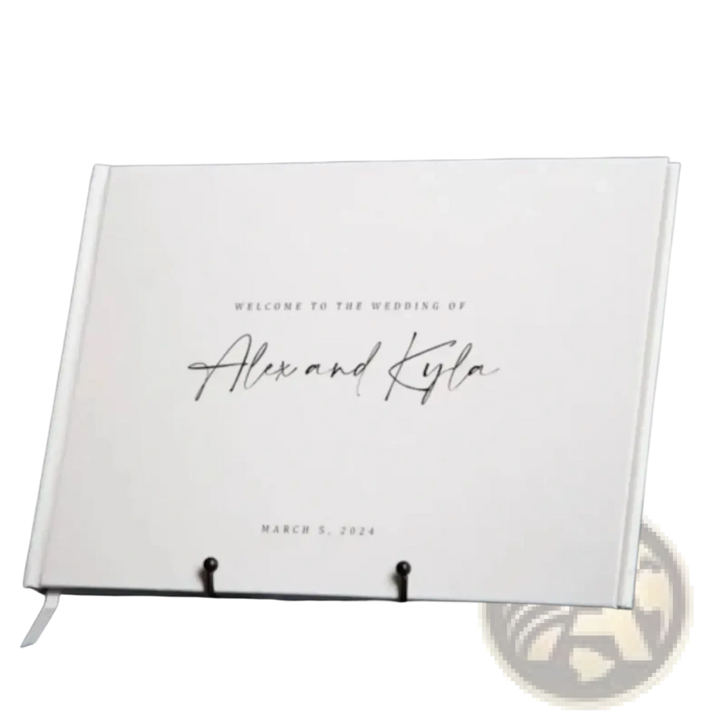 Custom wedding guest book with minimalist white hardcover elegant black cursive script and subtle ribbon bookmark