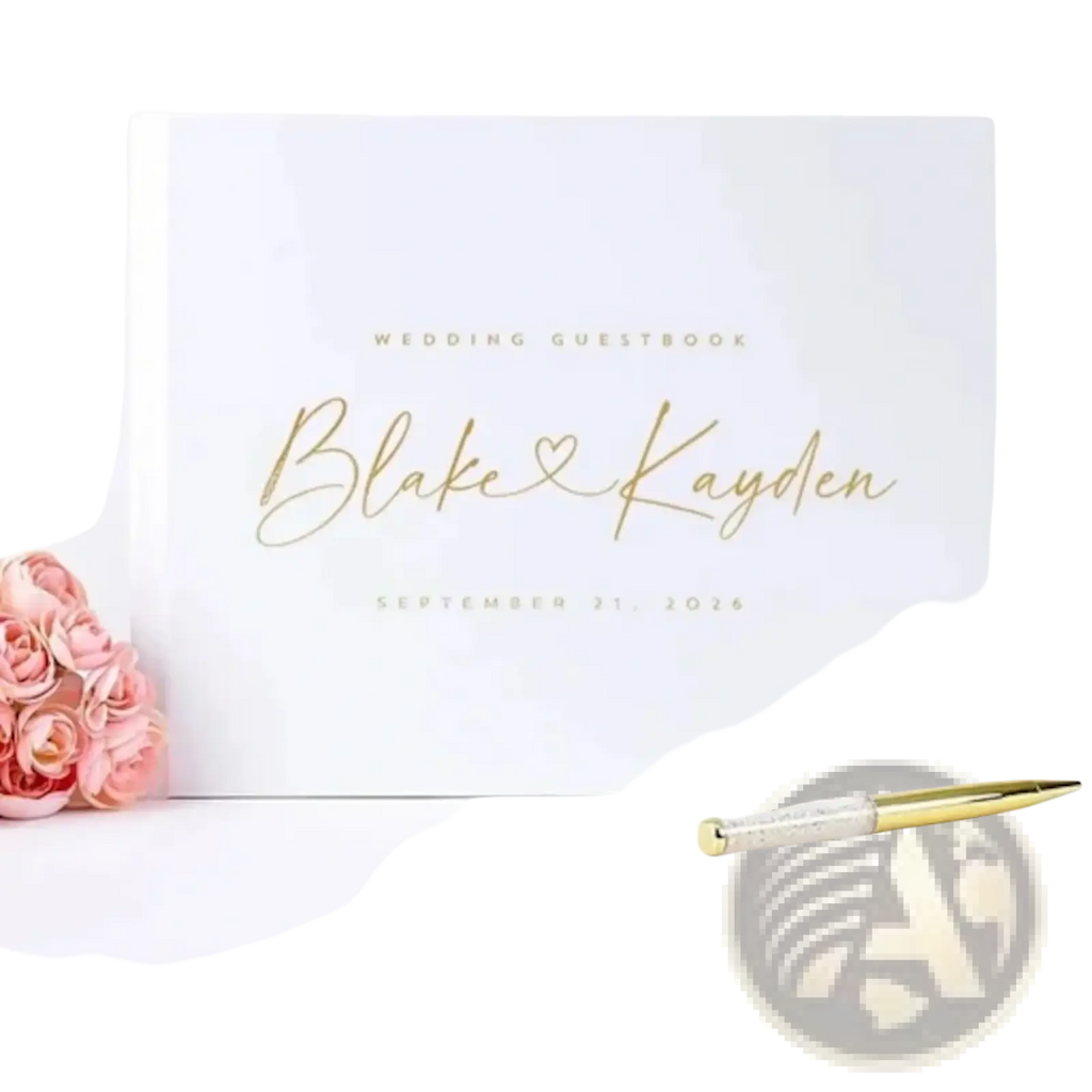 Custom wedding guest book white hardcover with gold foil lettering and heart between names blake and kayden