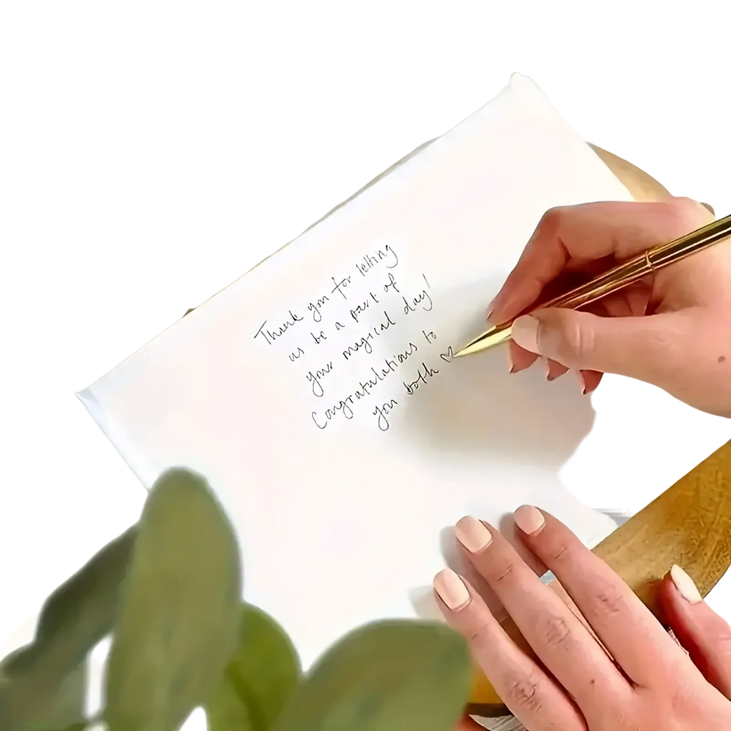 Gold-finished pen with sleek metallic body writing in a custom wedding guest book and photo signature album