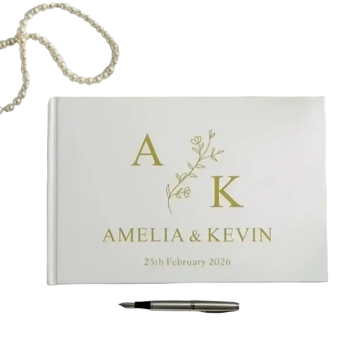 Custom white wedding guest book with gold foil lettering and vine design for amelia and kevin 2026