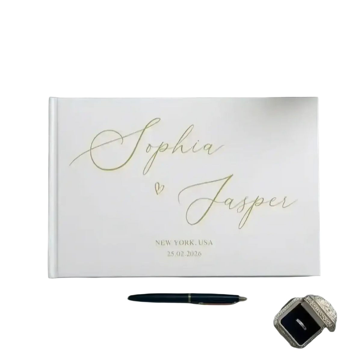 Custom wedding guest book with gold cursive script on white leather cover for elegant wedding guest signatures
