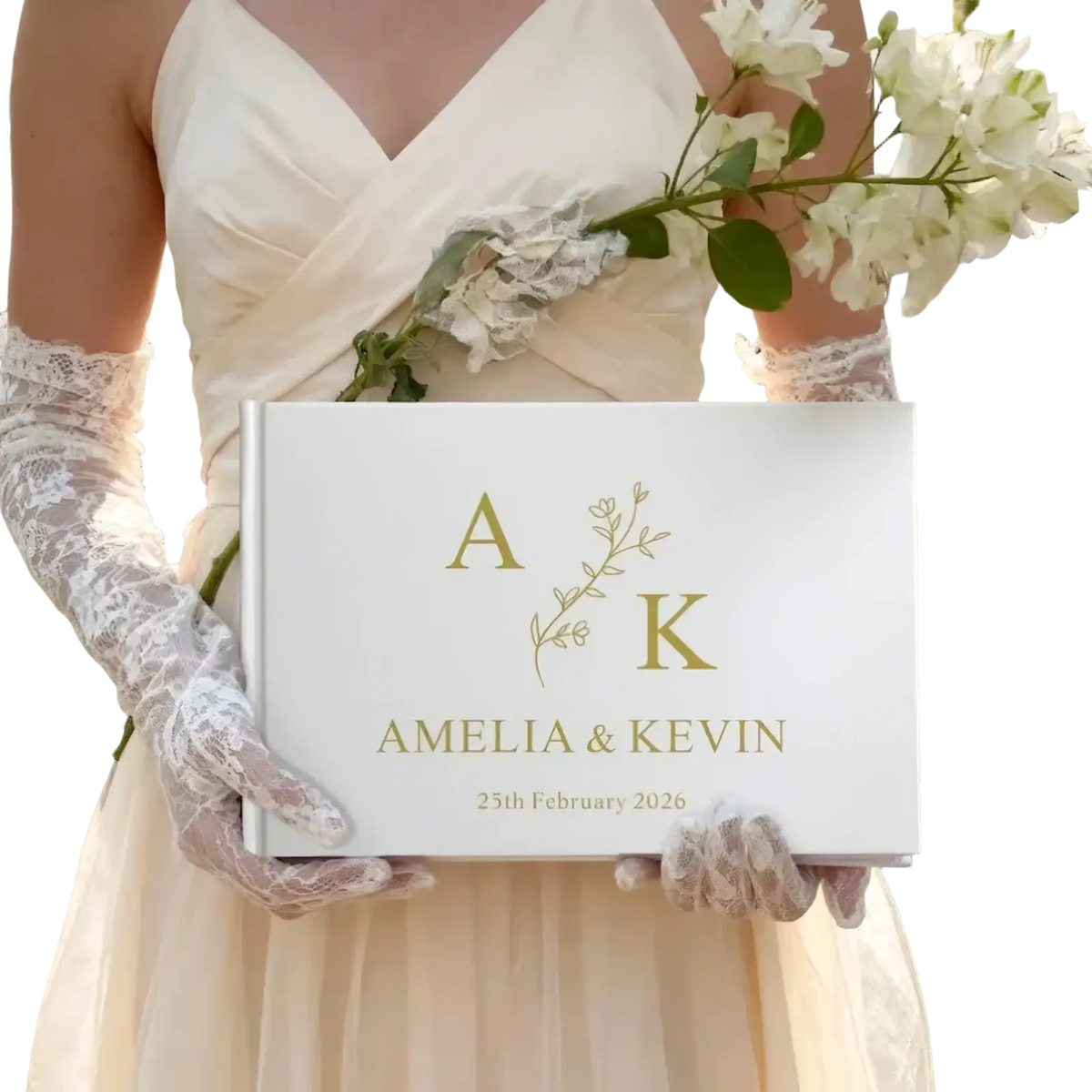 Custom wedding guest book in white with gold foil lettering and a delicate floral design between initials a and k