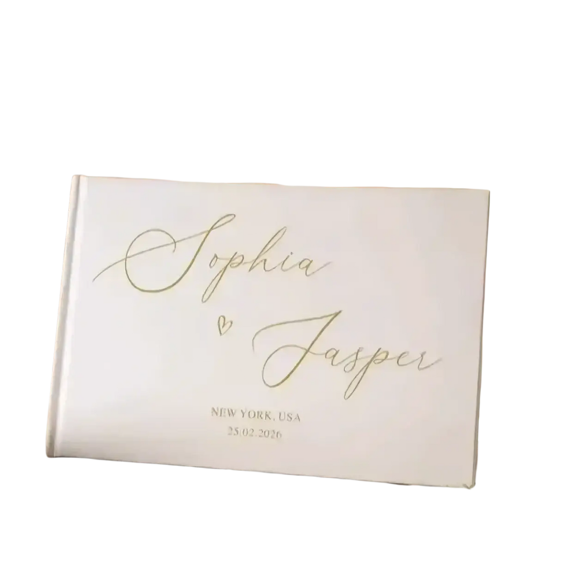 White wedding guest book with gold cursive script sophia and jasper and engraved details for custom photo album