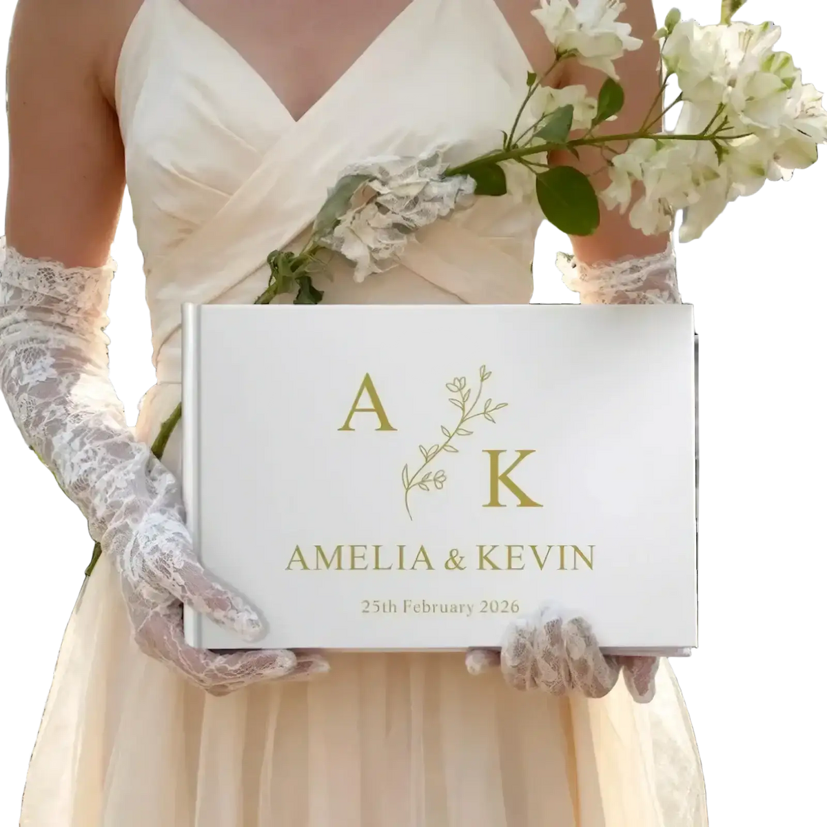 Custom white wedding guest book with gold foil lettering and delicate vine design between initials a and k
