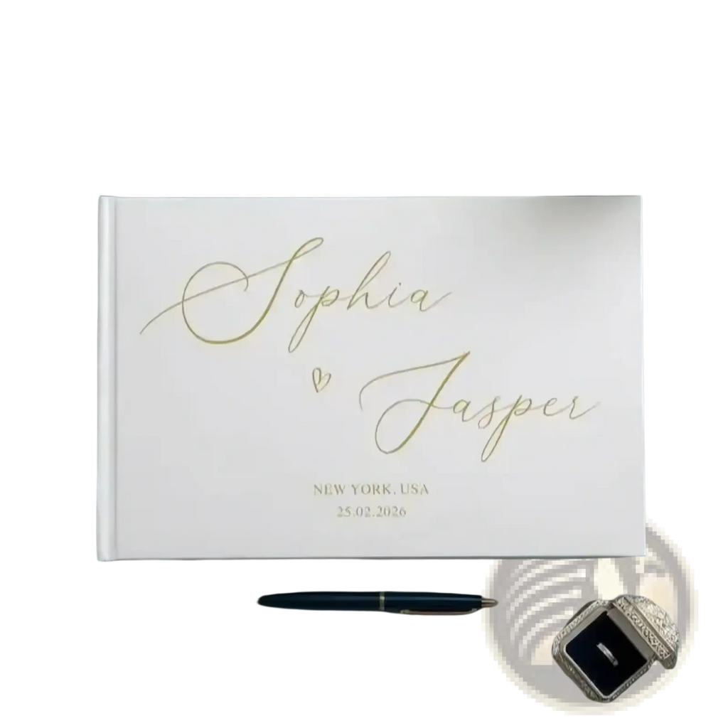 Custom white wedding guest book with gold cursive script and heart symbol for photo signature album cover