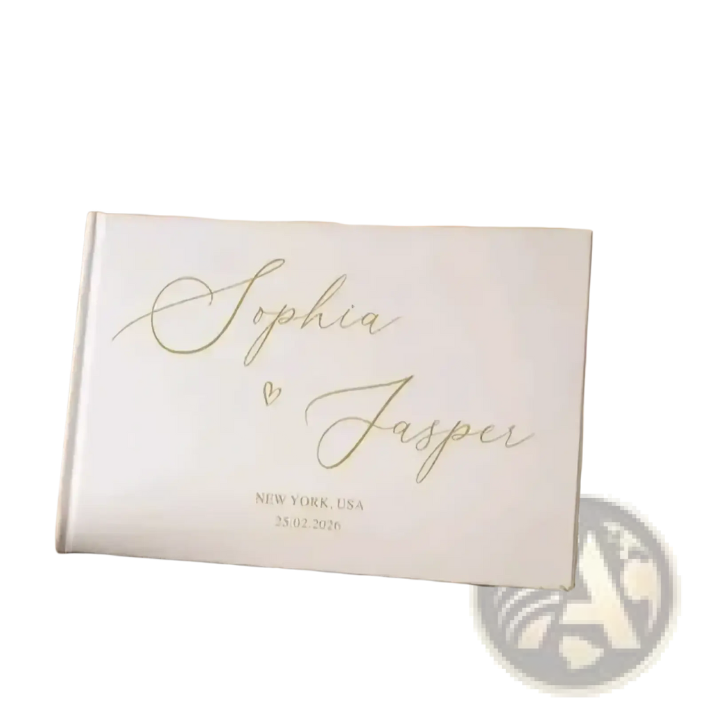 White wedding guest book with gold cursive script sophia and jasper and engraved details for custom photo album