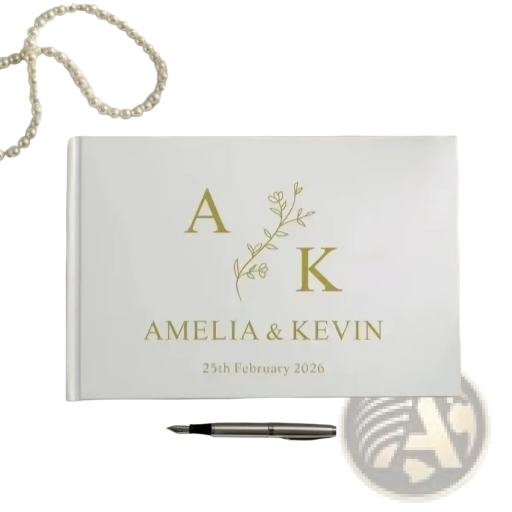 Custom wedding guest book in white with gold foil lettering and floral design between initials a and k