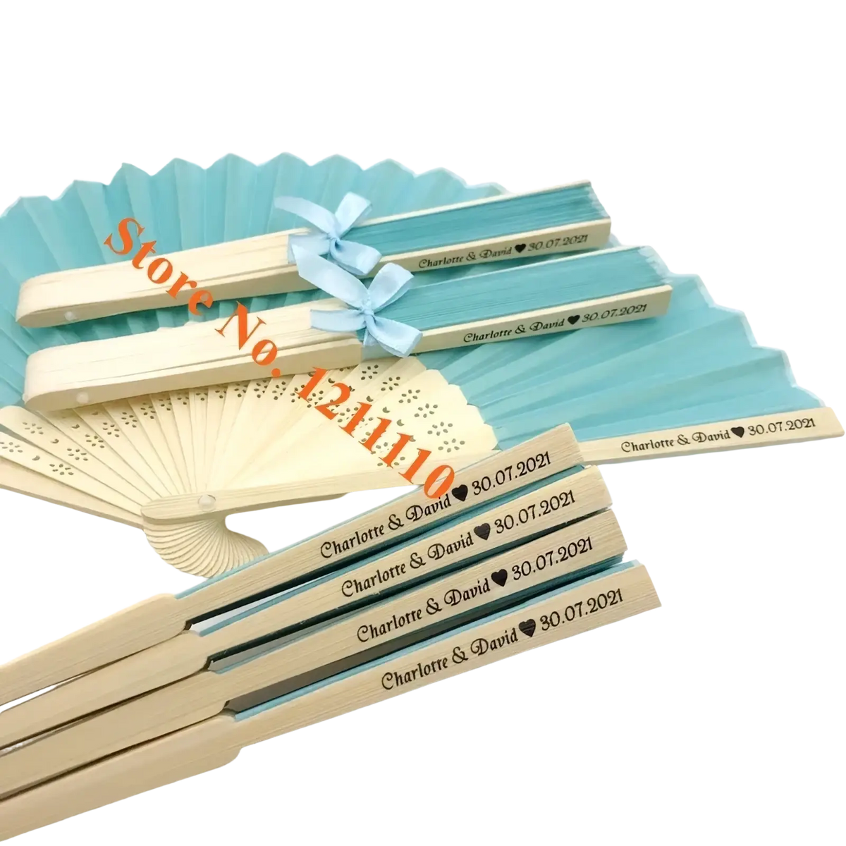 Beige and teal custom wedding hand fans personalized with engraved names dates and heart symbols on bamboo silk handles