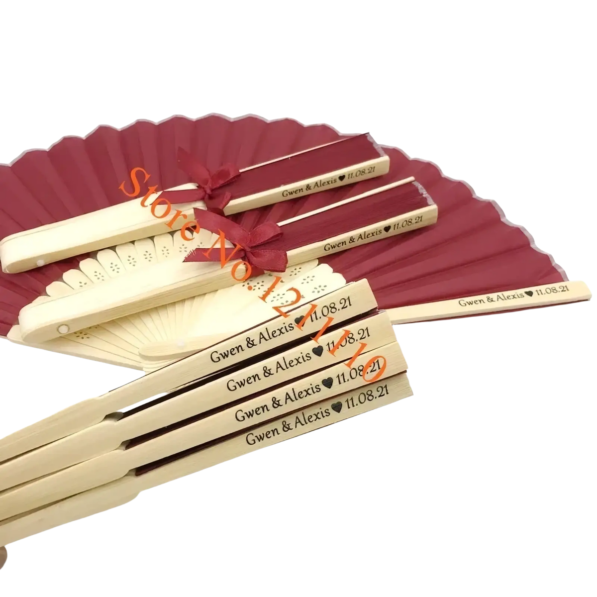Custom wedding hand fans made of beige bamboo with maroon silk fabric and engraved names and date for personalized favors