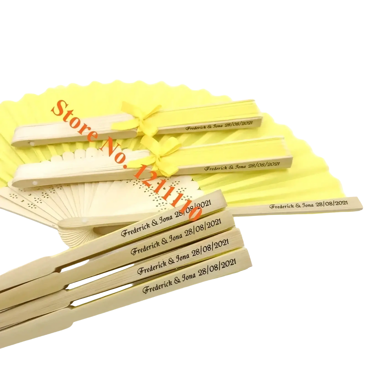 Beige wooden folding fans with yellow ribbon ties personalized with engraved names and date for custom wedding favors