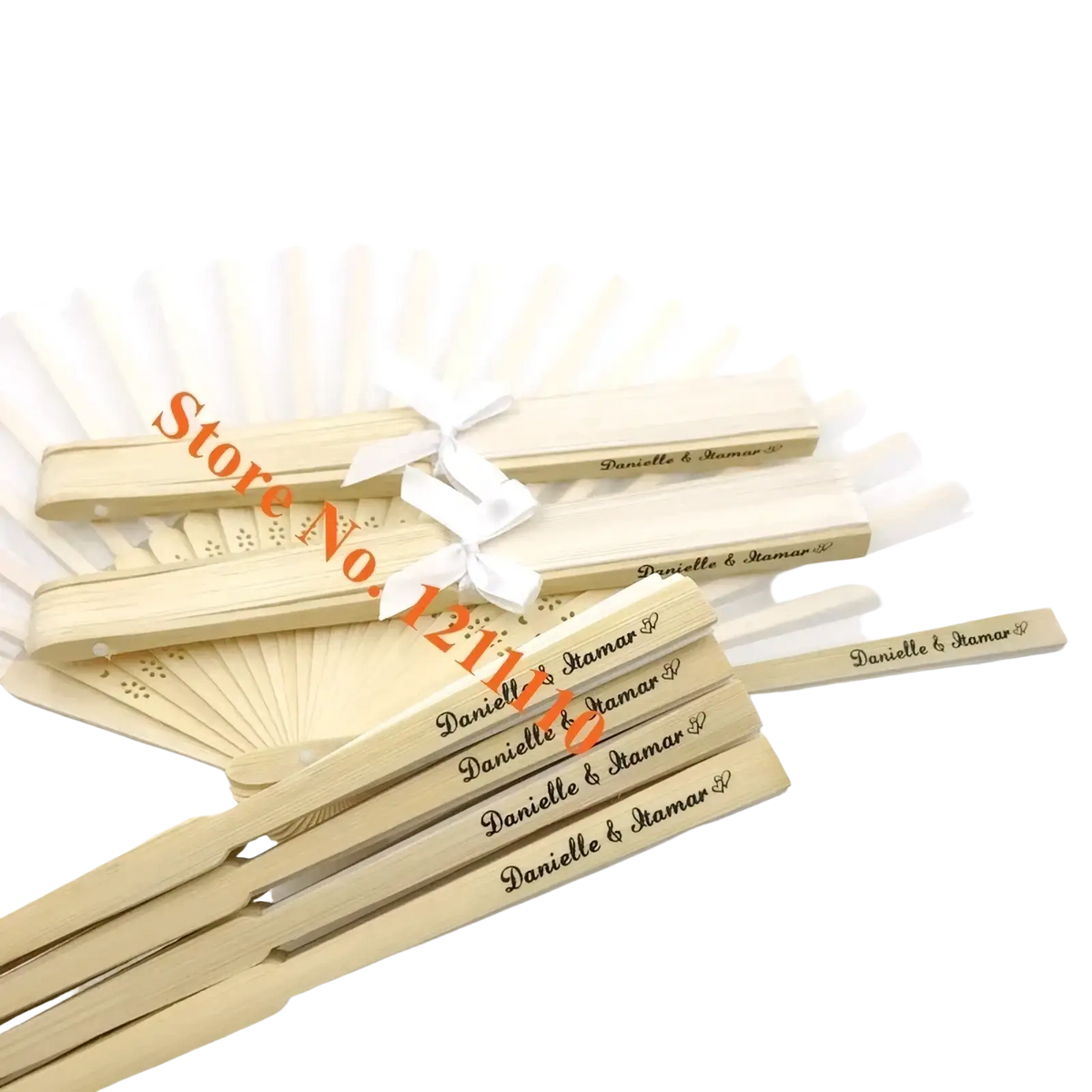 Beige wooden folding fans made of bamboo with engraved names and white ribbon ties for custom wedding favors