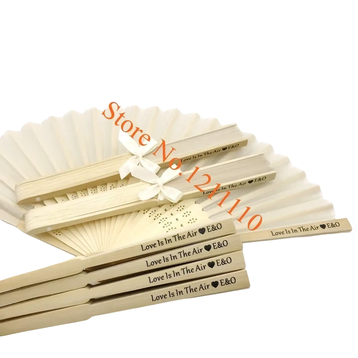 Beige wooden folding bamboo fans with engraved love is in the air e&o text and lace-like perforations tied with white ribbon