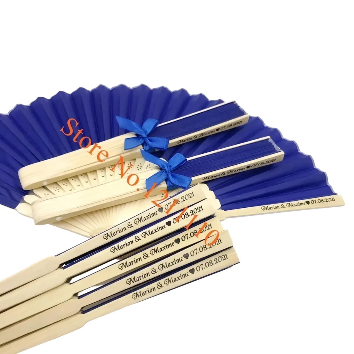Custom wedding hand fans made of bamboo and silk in blue and cream with engraved names and date tied with blue ribbons