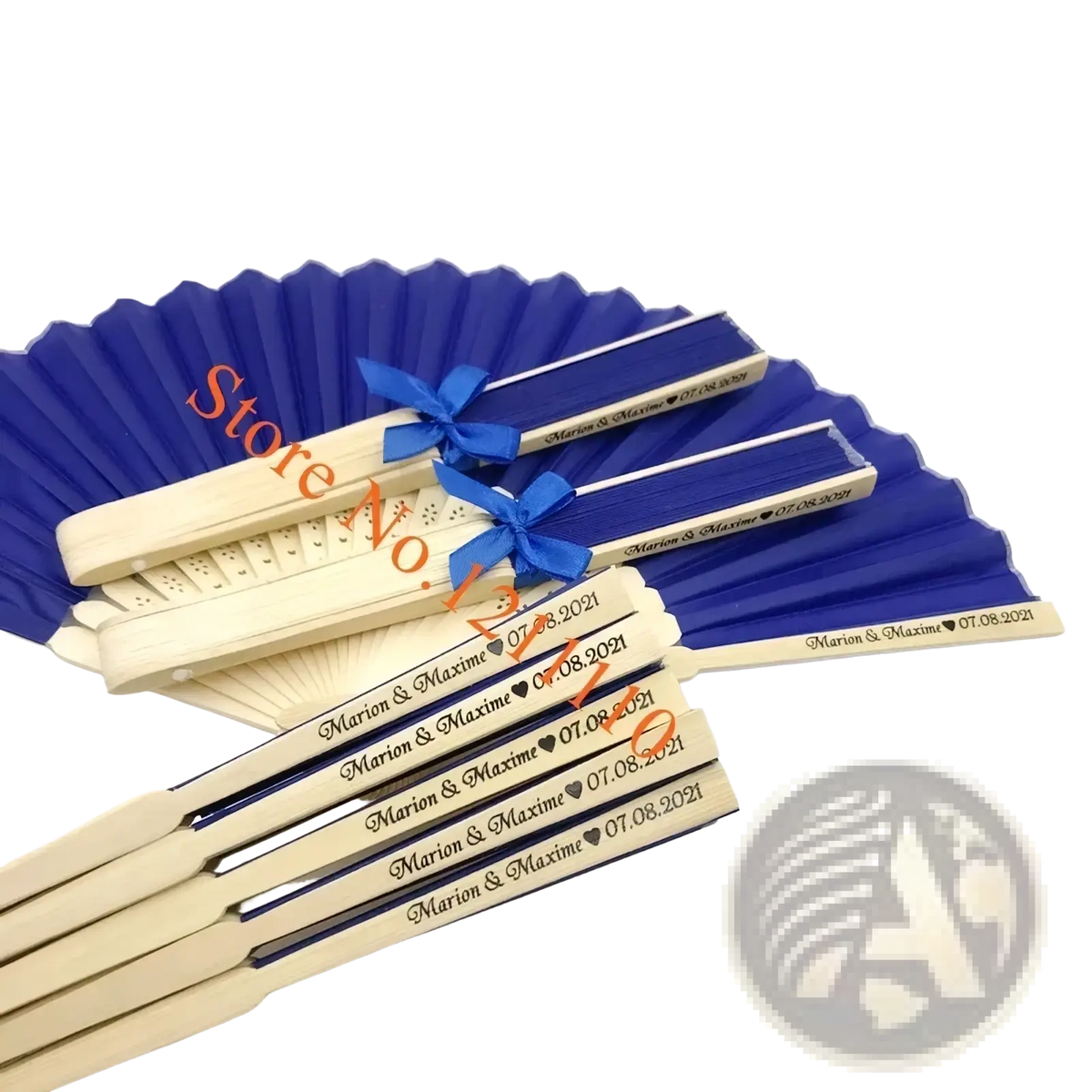 Custom wedding hand fans in blue and cream bamboo silk with engraved names and date tied with blue ribbons