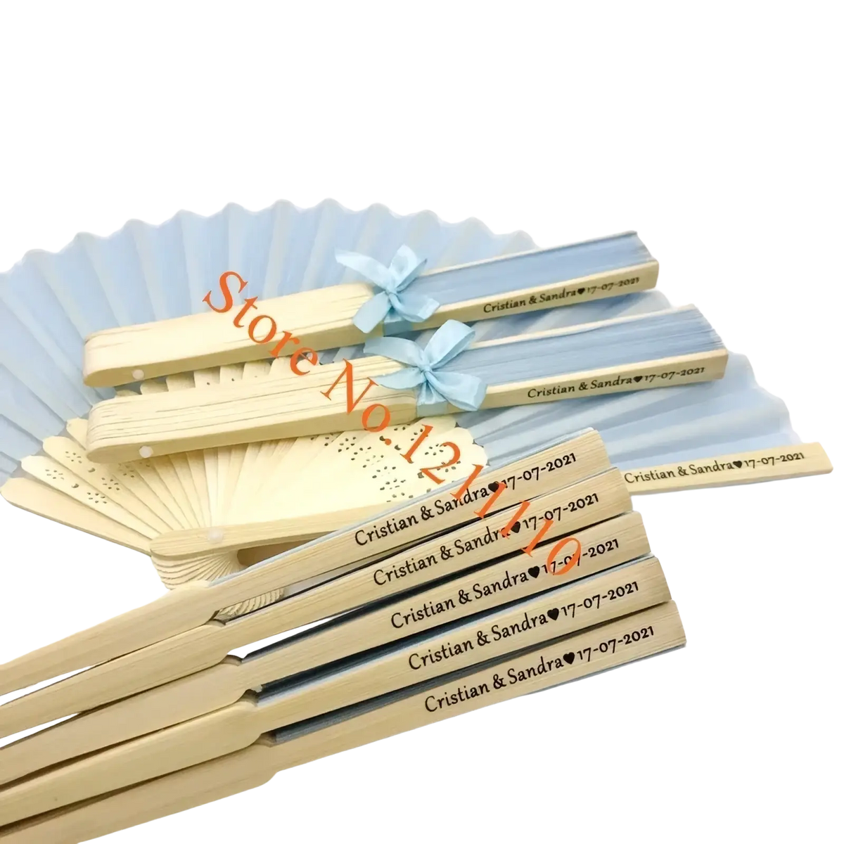 Light blue and cream wooden folding fans personalized with engraved names and dates tied with blue ribbons for weddings