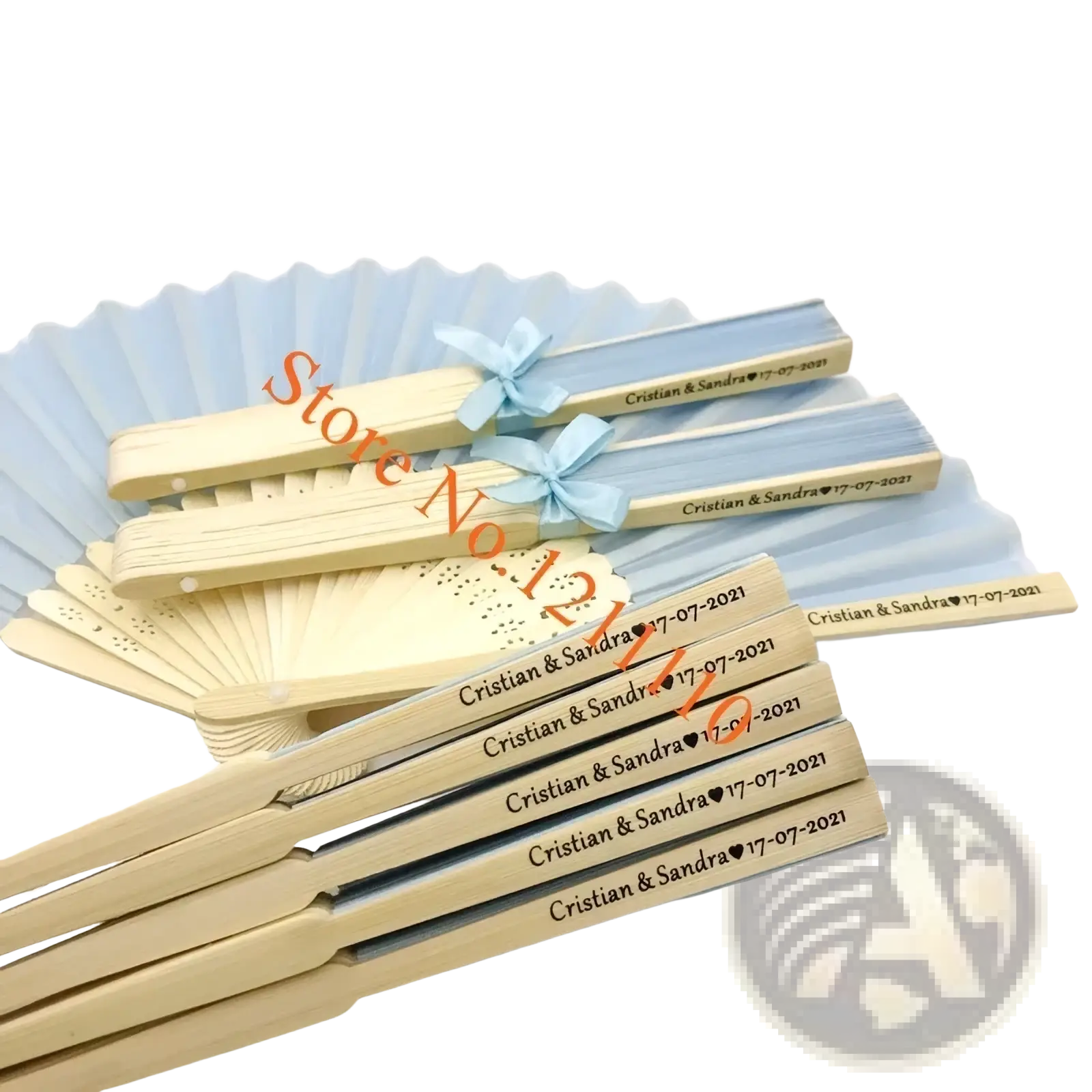 Custom wedding hand fans in light blue and cream with engraved names and dates tied with matching ribbons
