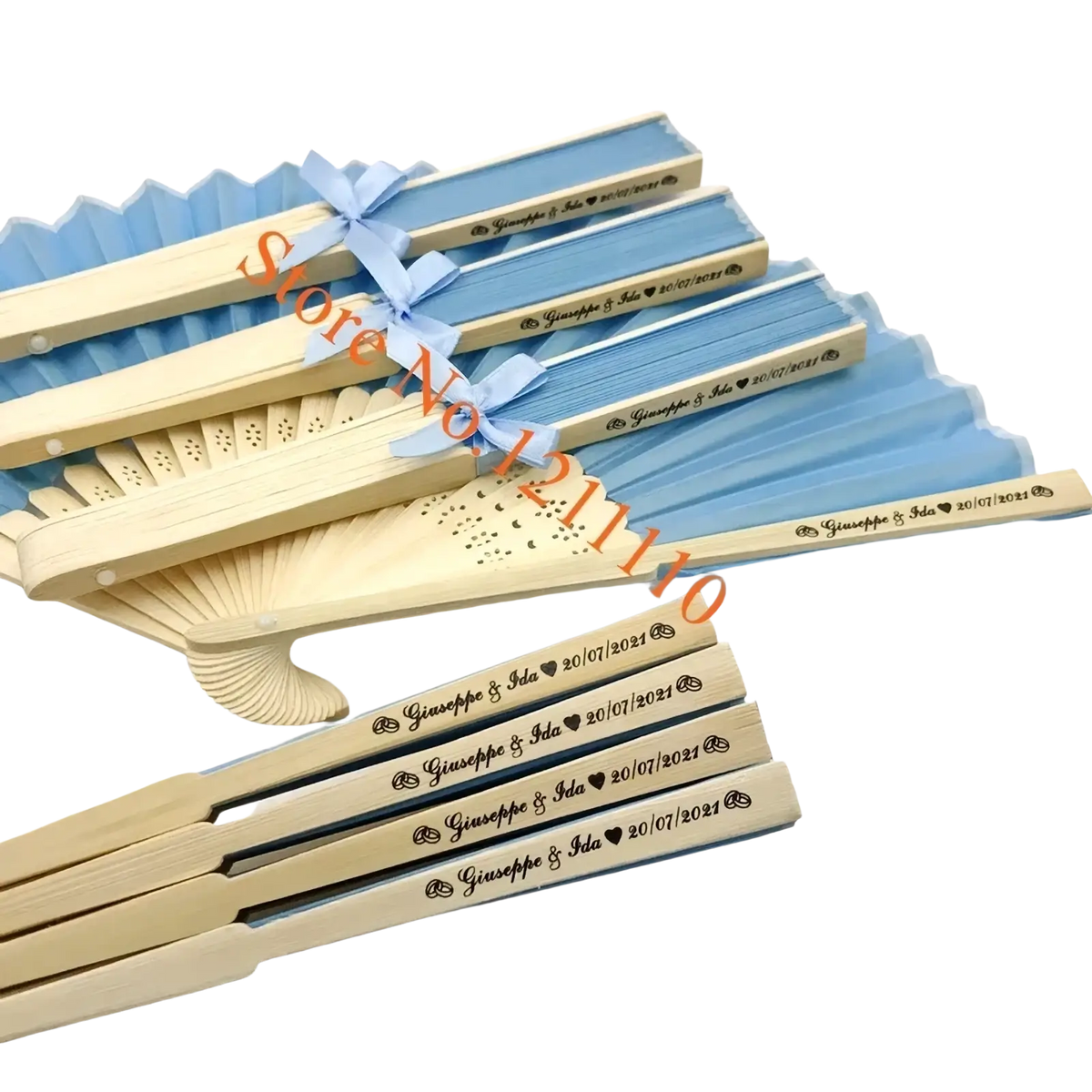 Custom wedding hand fans in light blue and natural wood personalized with engraved names and date made from bamboo silk