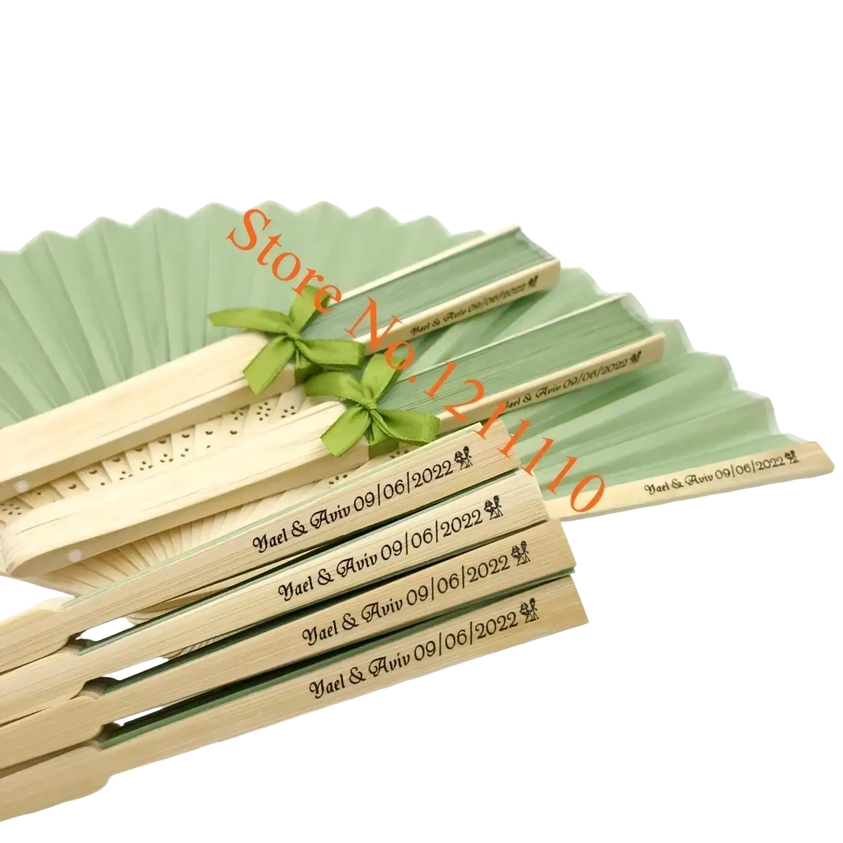 Custom wedding hand fans in light green bamboo silk with natural wood and personalized engraving tied with green ribbon