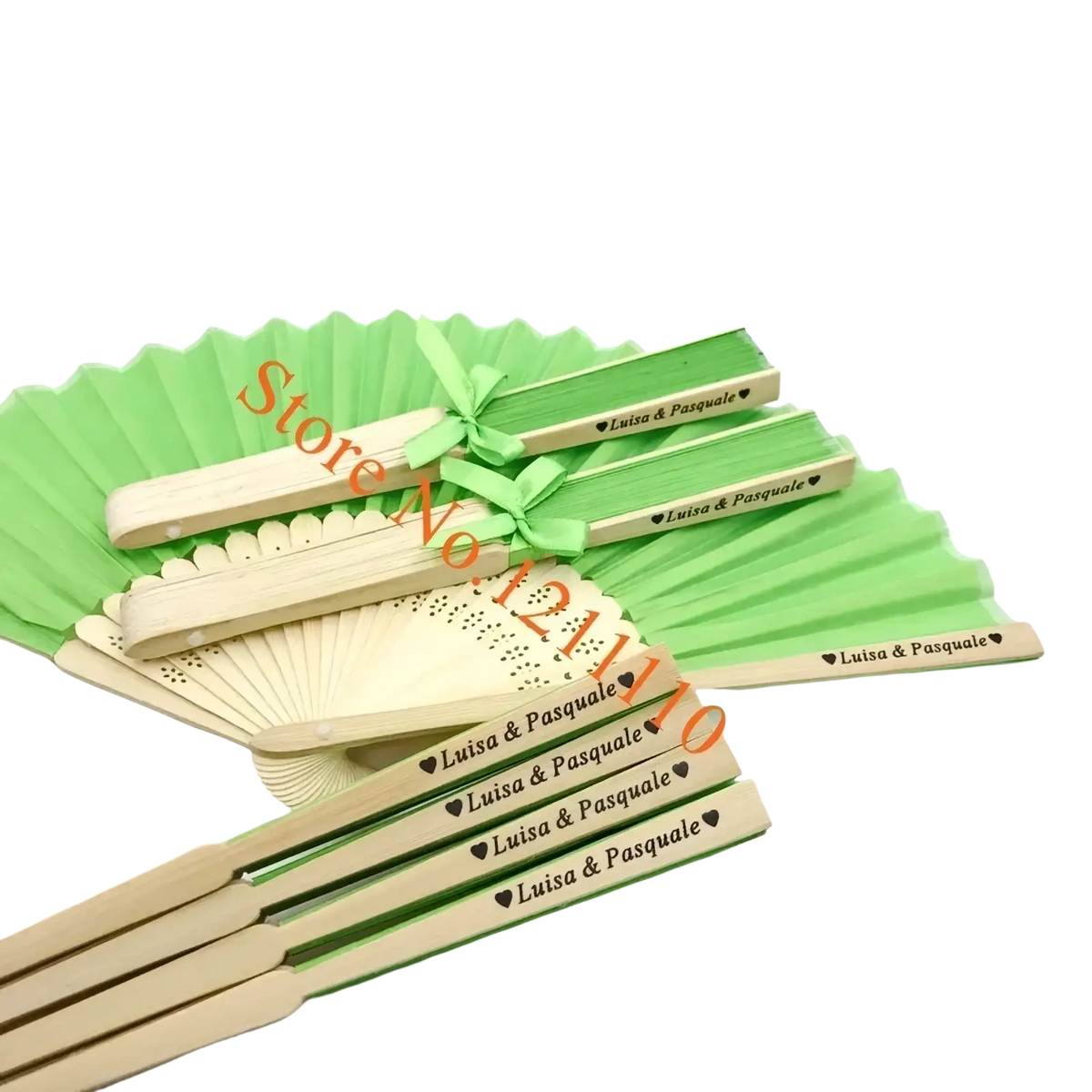 Custom wedding hand fans in light green and natural wood with luisa and pasquale engraved handles made of bamboo silk