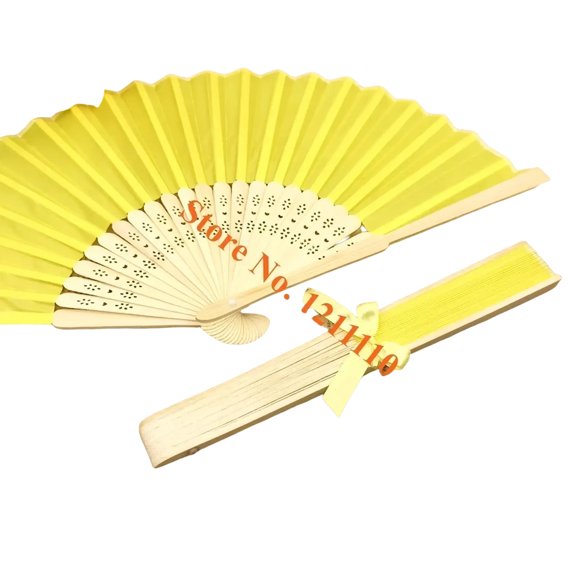 Custom wedding hand fan in pale yellow silk with wooden handle and decorative perforated pattern for personalized favors
