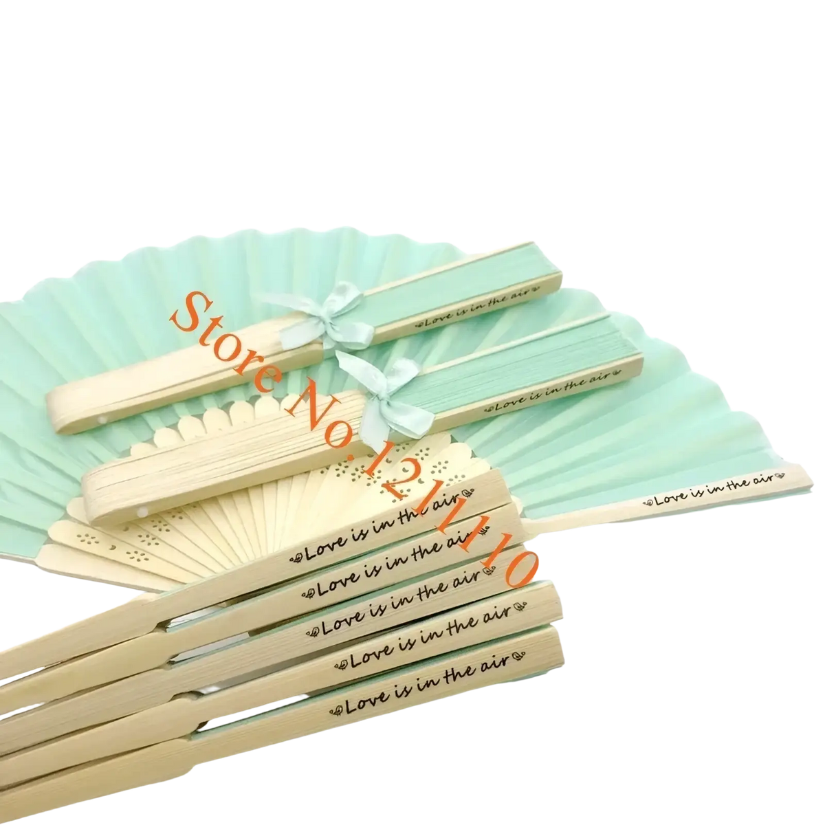 Custom wedding hand fans featuring pastel mint and cream bamboo with lace detailing engraved with love is in the air