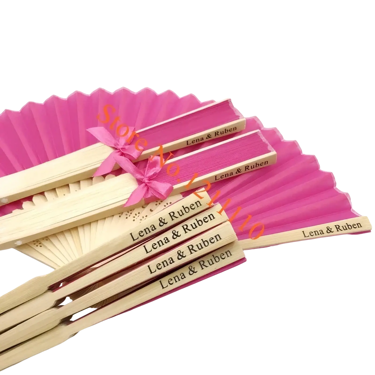 Custom wedding hand fans in pink and beige bamboo silk with personalized wooden handles engraved lena and ruben