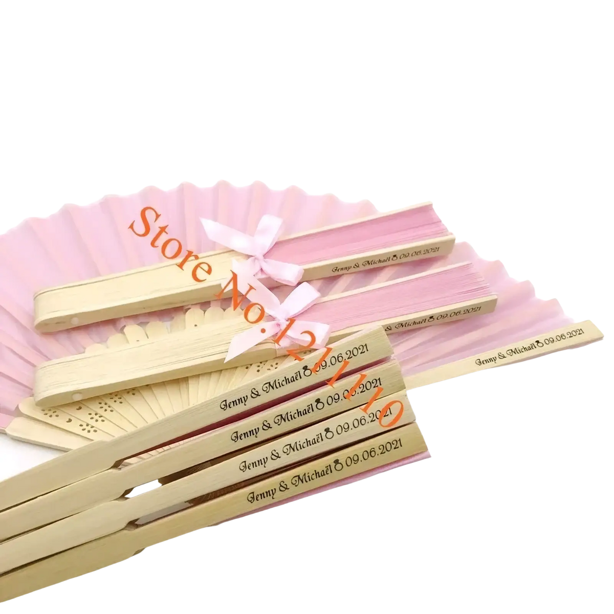 Custom wedding hand fans personalized bamboo silk favors in pink and cream wood with engraved names and tied with pink ribbon