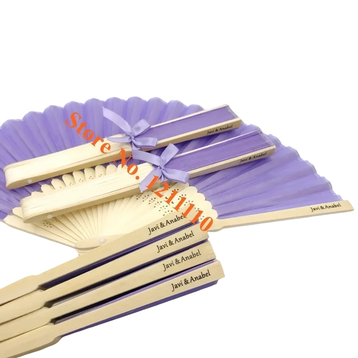 Custom wedding hand fans with purple and cream silk folds and bamboo handles tied with matching ribbon bows