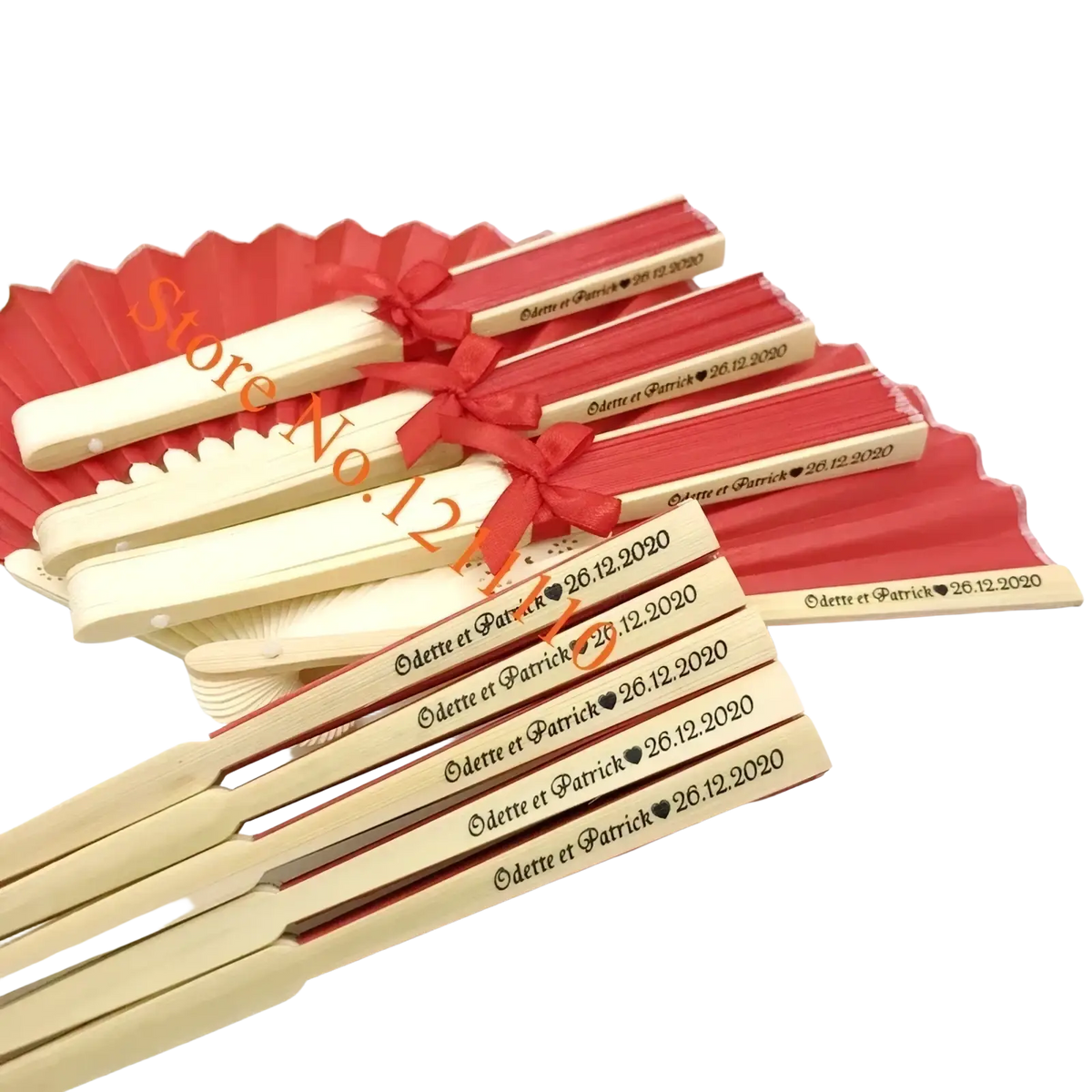 Red and natural wood custom wedding hand fans with engraved names and date made of bamboo and silk favors