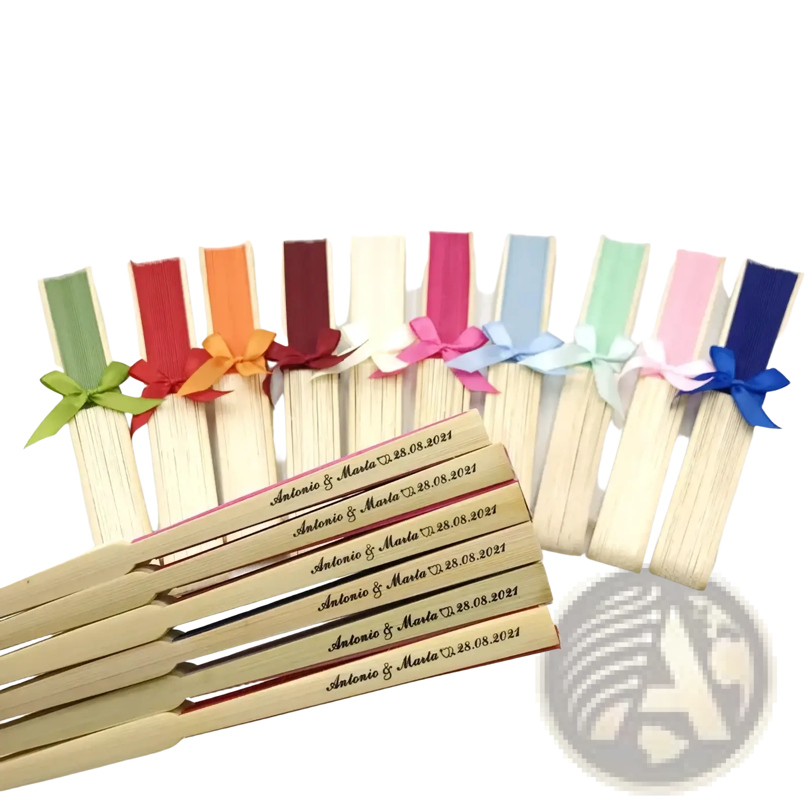 A set of wooden folding fans with colorful satin ribbon bows engraved with personalized wedding details