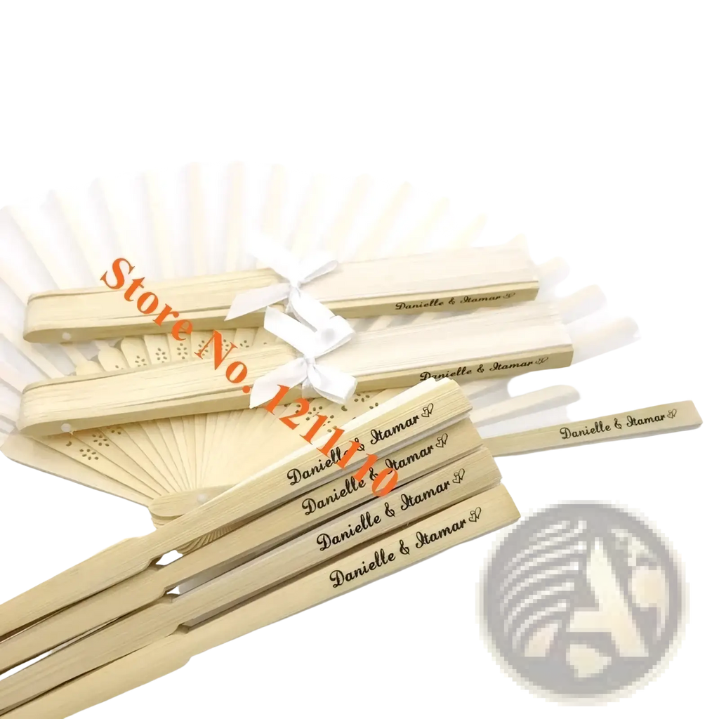 Beige wooden folding fans made of bamboo with engraved names and white ribbon ties for custom wedding favors