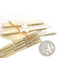 Beige wooden folding fans made of bamboo with engraved names and white ribbon ties for custom wedding favors