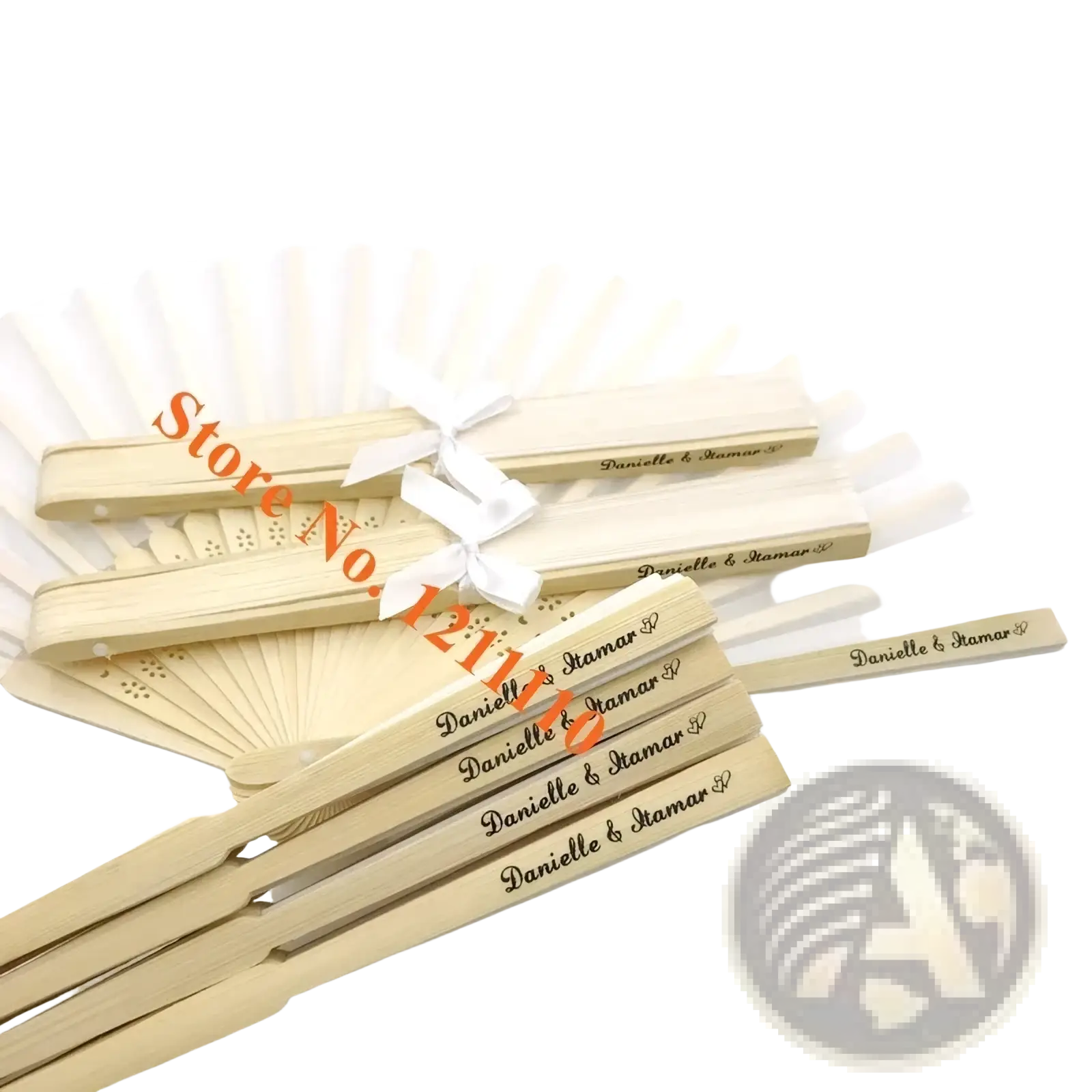 Beige wooden folding fans made of bamboo with engraved names and white ribbon ties for custom wedding favors