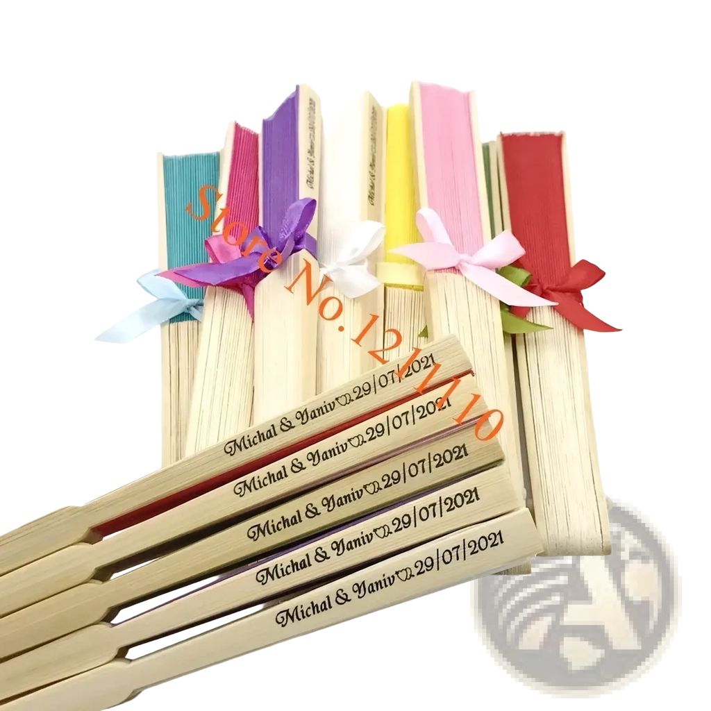 Personalized wooden folding fans with colorful ribbons and engraved wedding dates made of bamboo silk for wedding favors