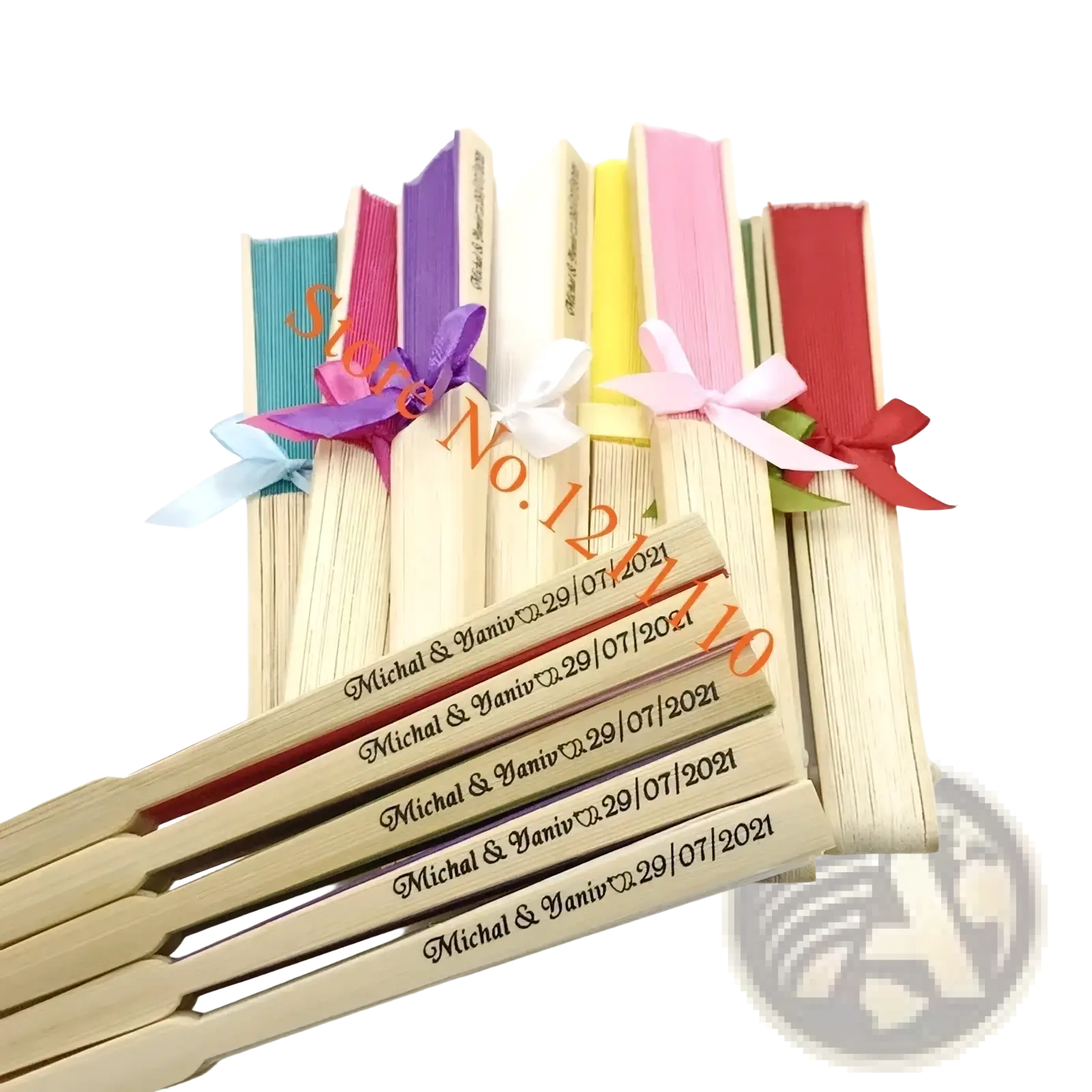 Personalized wooden folding fans with colorful ribbons and engraved wedding dates made of bamboo silk for wedding favors