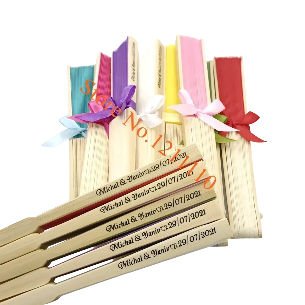 Personalized wooden folding fans with colorful ribbons and engraved wedding dates for custom wedding hand fans bamboo silk favors