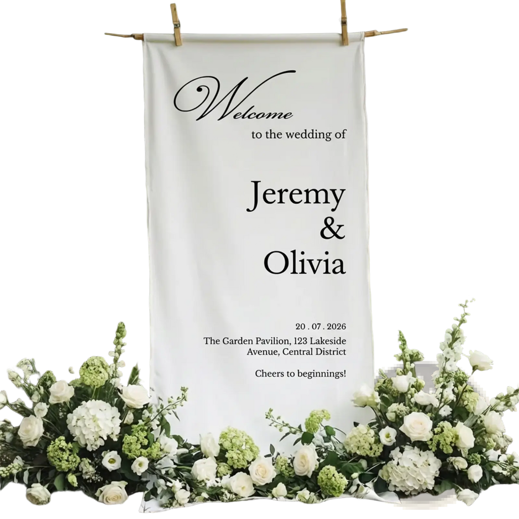 Custom wedding welcome sign fabric banner with white fabric and black cursive and serif text for wedding decor