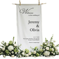 Custom wedding welcome sign fabric banner with white fabric and black cursive and serif text for wedding decor