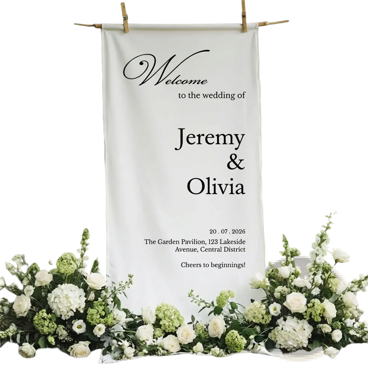 Custom wedding welcome sign fabric banner with white fabric and black cursive and serif text for wedding decor