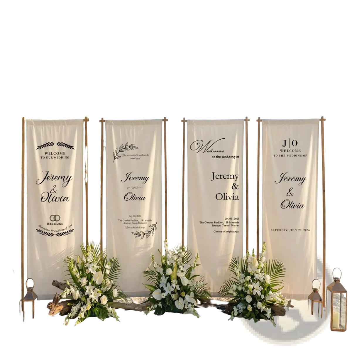 Beige custom wedding welcome sign fabric banner with black elegant script and decorative leaf motifs featuring names jeremy and olivia