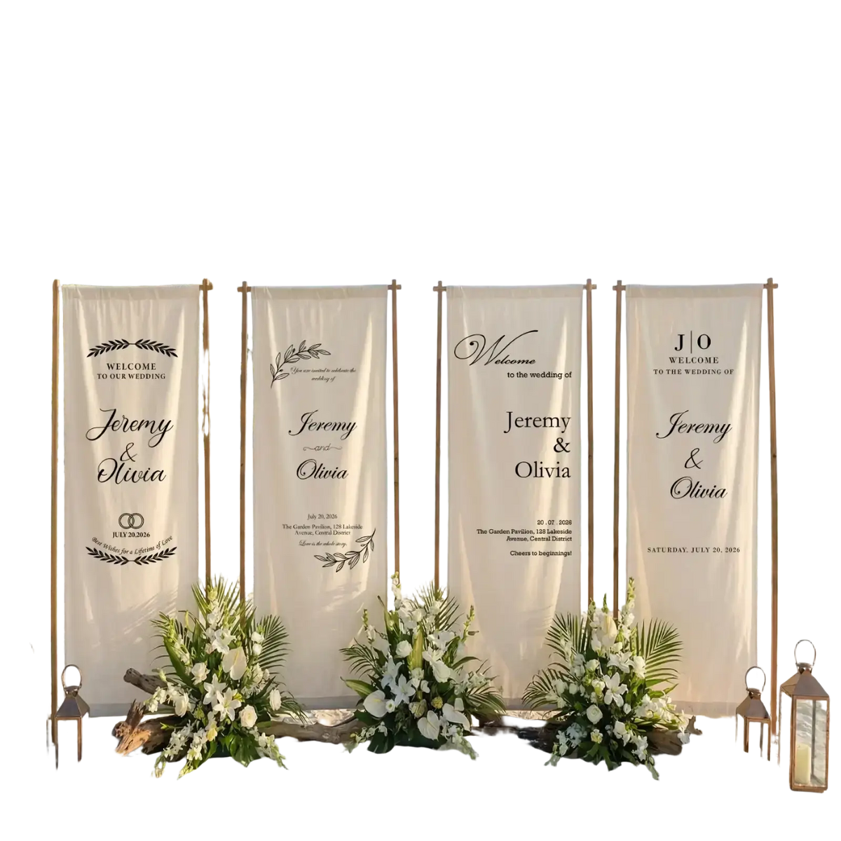 Cream-colored custom wedding sign fabric banner with black cursive script and leafy embellishments framed in gold metal
