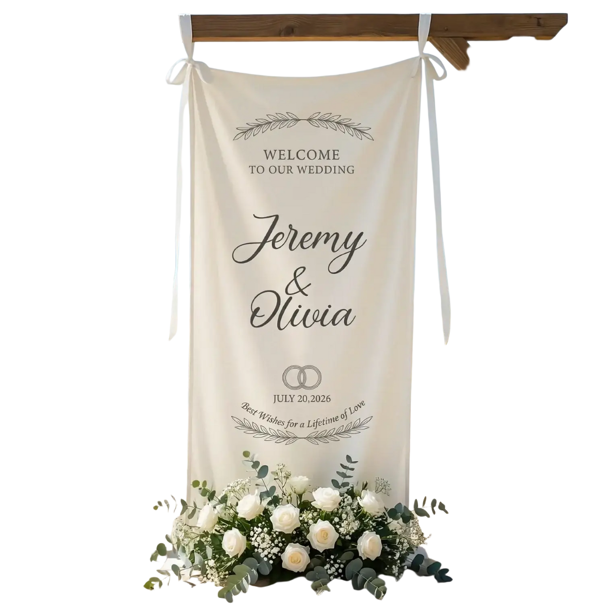 Custom wedding welcome sign fabric banner cream colored with black script and laurel wreaths on sandy beach