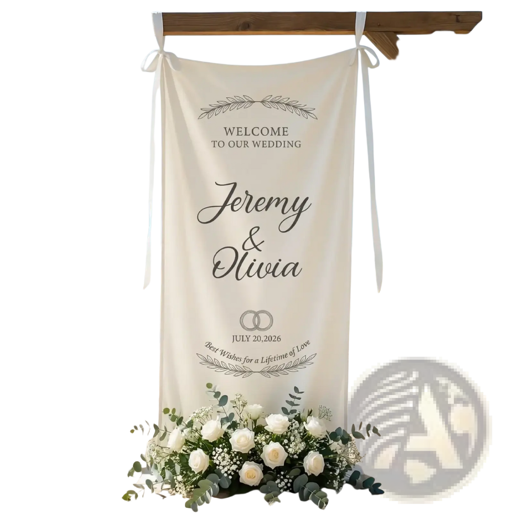 Custom wedding welcome sign fabric banner cream colored with black script and laurel wreaths on sandy beach