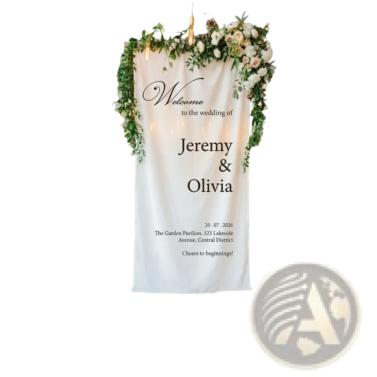 A cream-colored fabric custom wedding welcome sign banner with elegant black lettering and greenery decoration