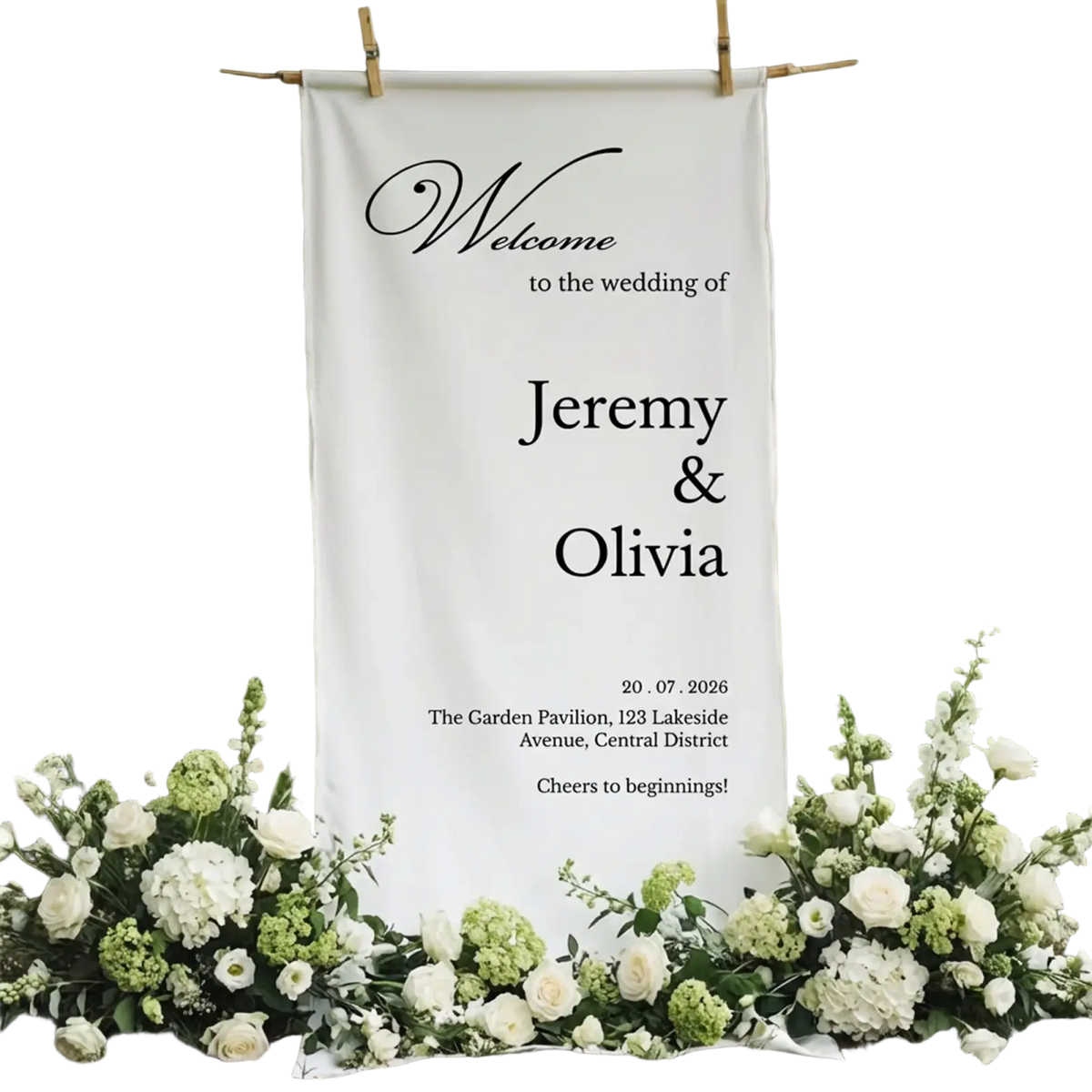 Custom wedding welcome sign fabric banner with white fabric and black cursive and serif text for wedding decor