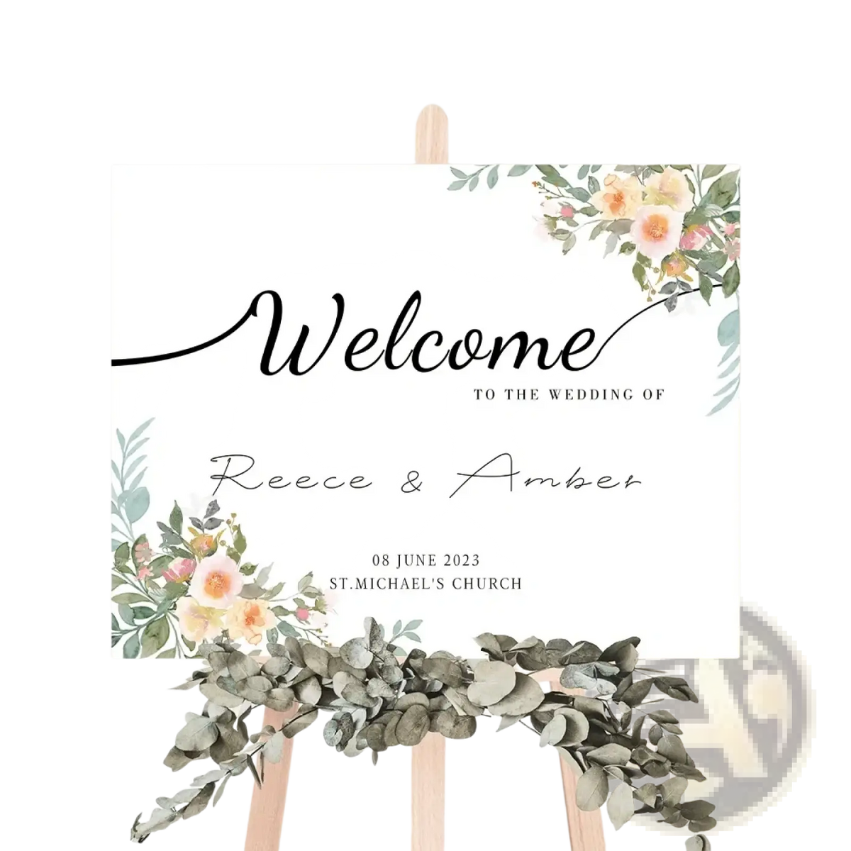 A white custom wedding welcome sign with black cursive lettering and peach pink floral watercolor accents for decor