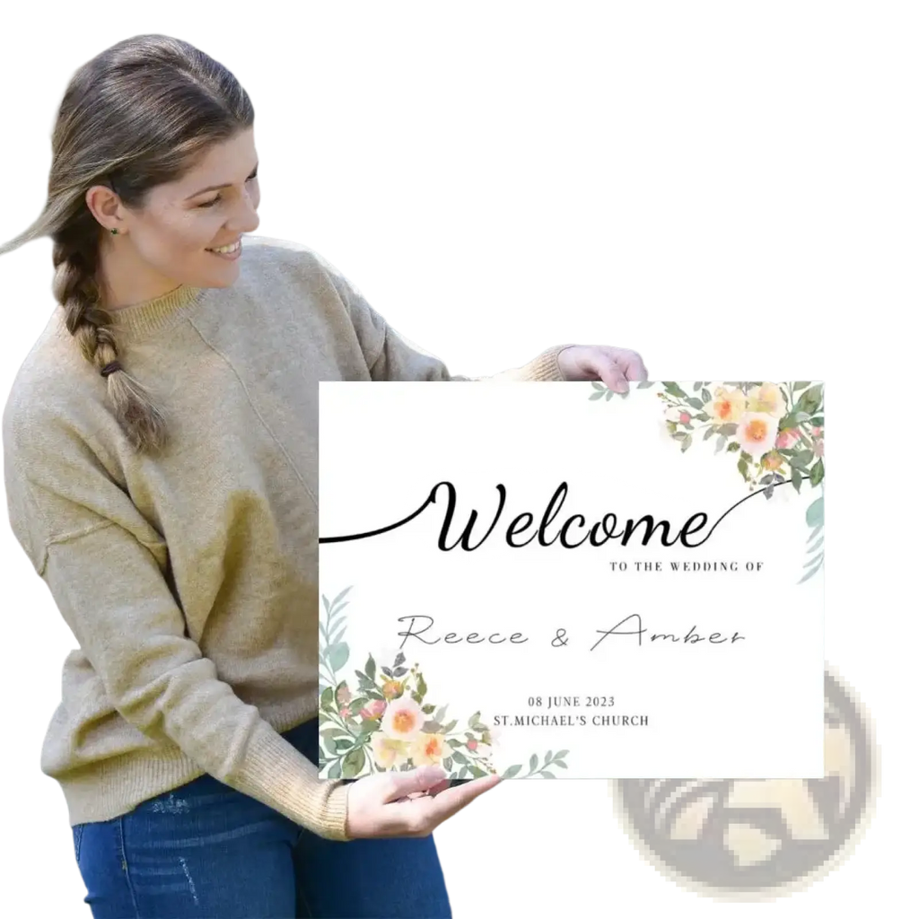 White rectangular custom wedding welcome sign with floral watercolor accents and black cursive script decor