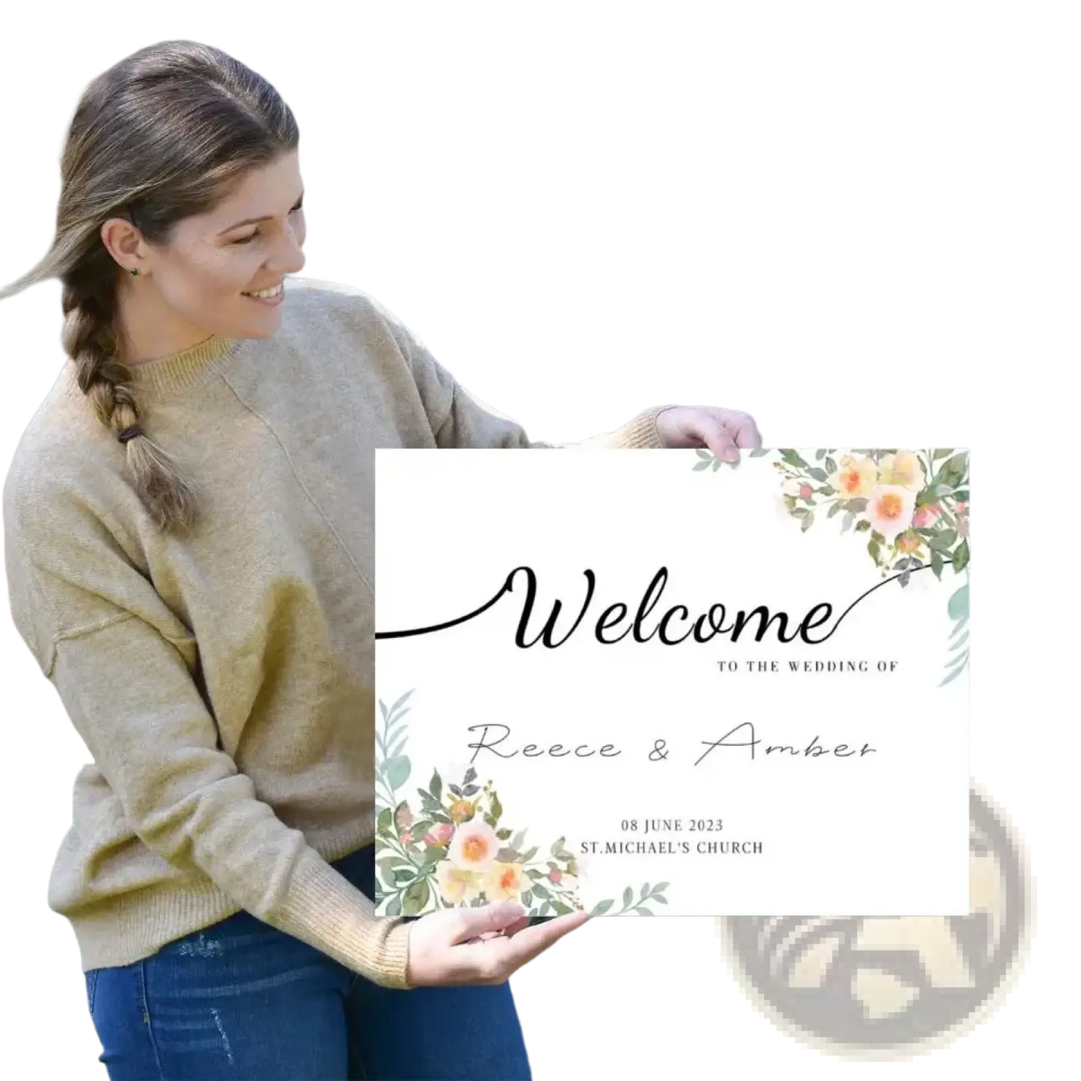 White rectangular custom wedding welcome sign with floral watercolor accents and black cursive script decor